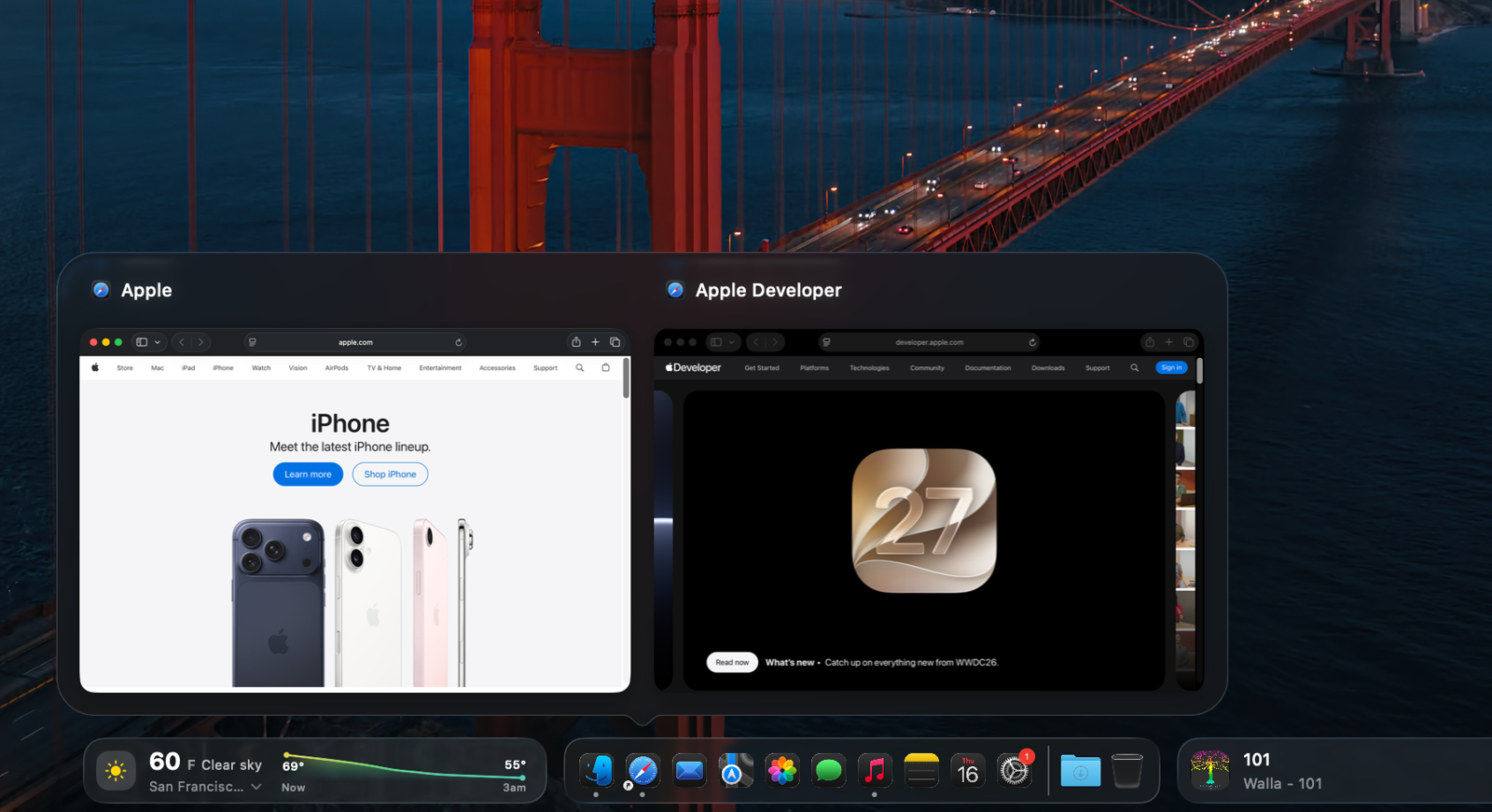 docktor showing live window previews in a Liquid Glass panel above the macOS Dock