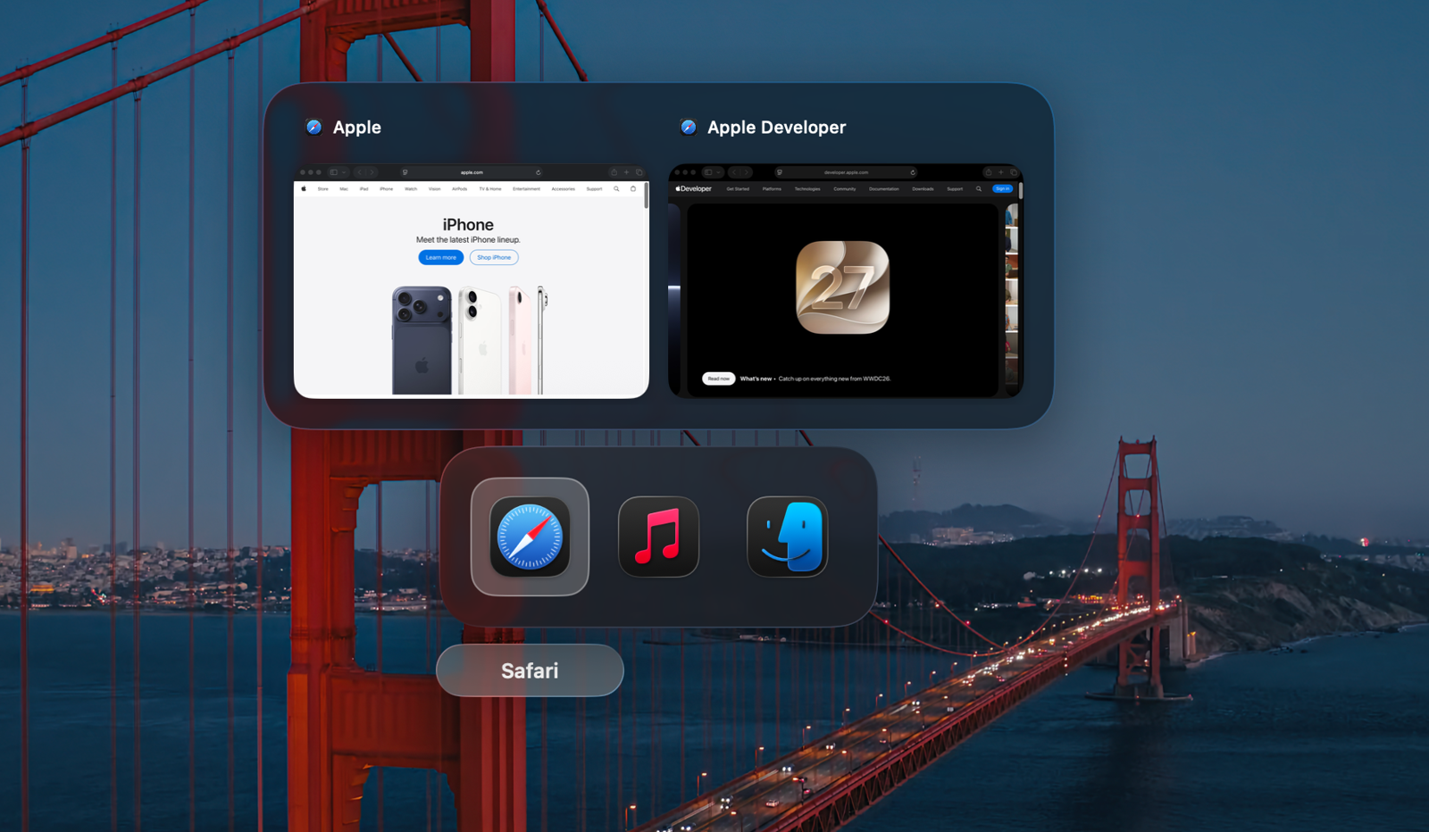 docktor's window switcher showing thumbnails of open windows in a Liquid Glass panel on macOS